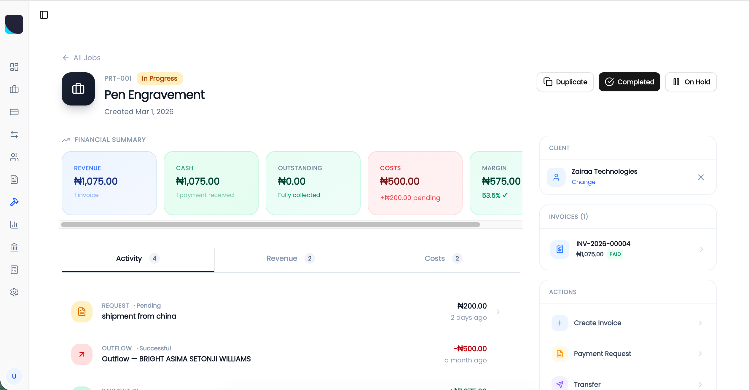 Zairaa job financial summary and activity tracking